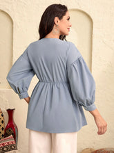 Modely Floral Embroidery Tassel Tie Neck Lantern Sleeve Peplum Blouse